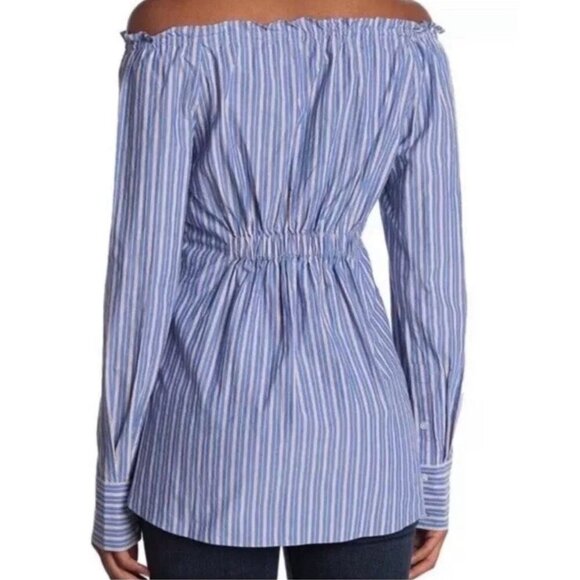Tibi Garcon Striped Shirred Off Shoulder Top Womens 6 - Picture 2 of 13